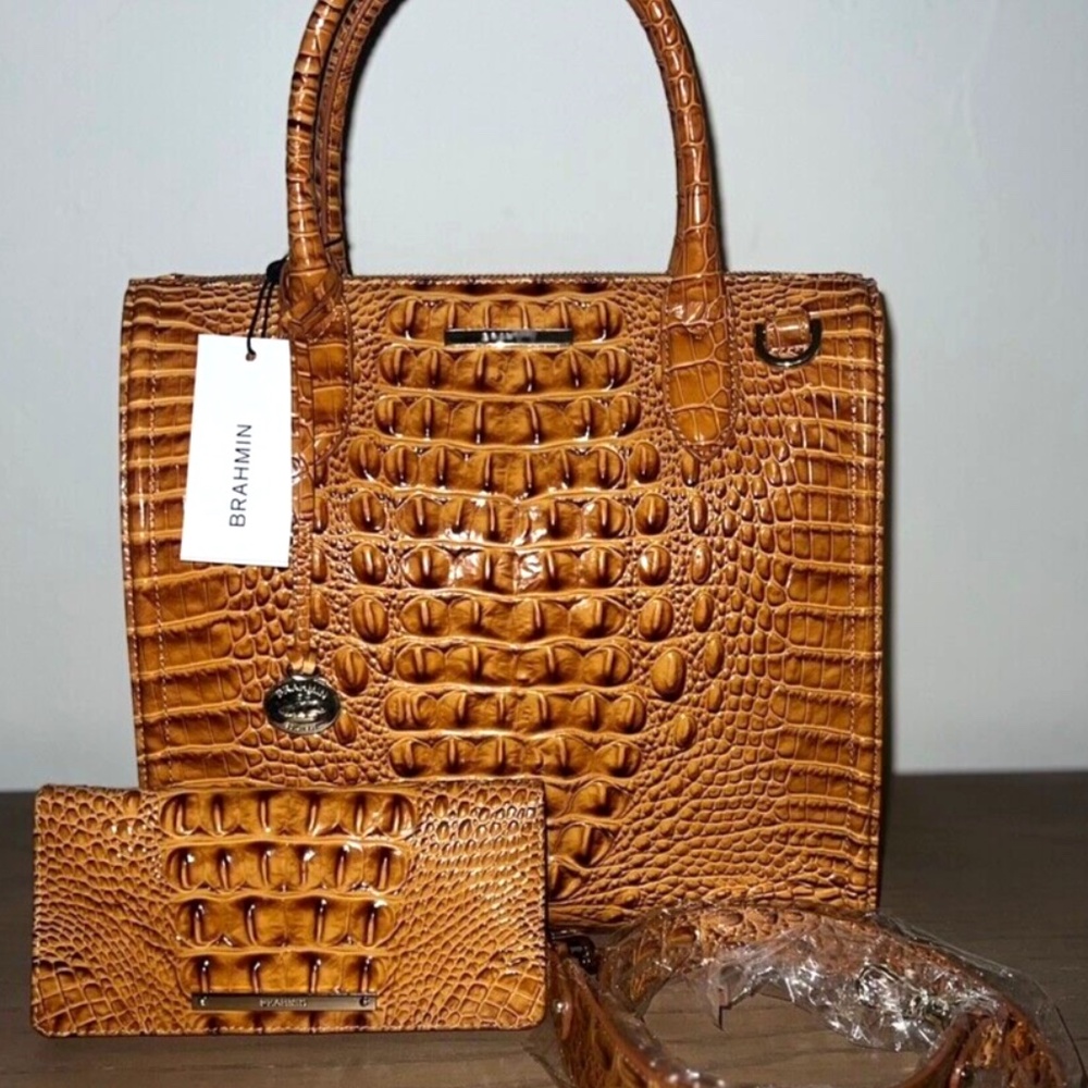 Brahmin Caroline Dark Rum Satchel & Matching Ady Wallet Set BRAND NEW!